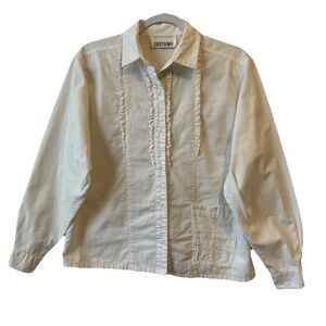 Vtg Casey & Max Cream Ruffle Neck‎ Button Up Long Sleeve Shirt 10 Cottage Boho